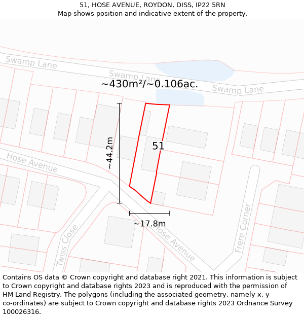 51, HOSE AVENUE, ROYDON, DISS, IP22 5RN: Plot and title map