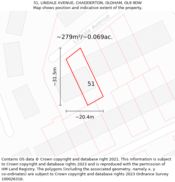 51, LINDALE AVENUE, CHADDERTON, OLDHAM, OL9 9DW: Plot and title map