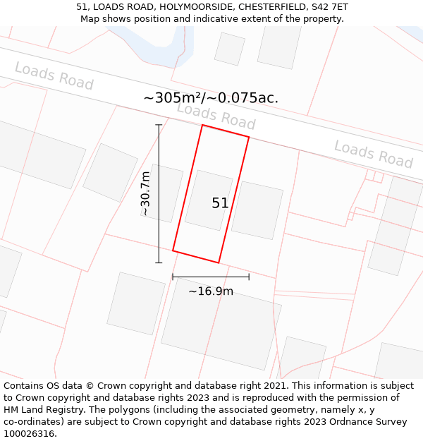 51, LOADS ROAD, HOLYMOORSIDE, CHESTERFIELD, S42 7ET: Plot and title map