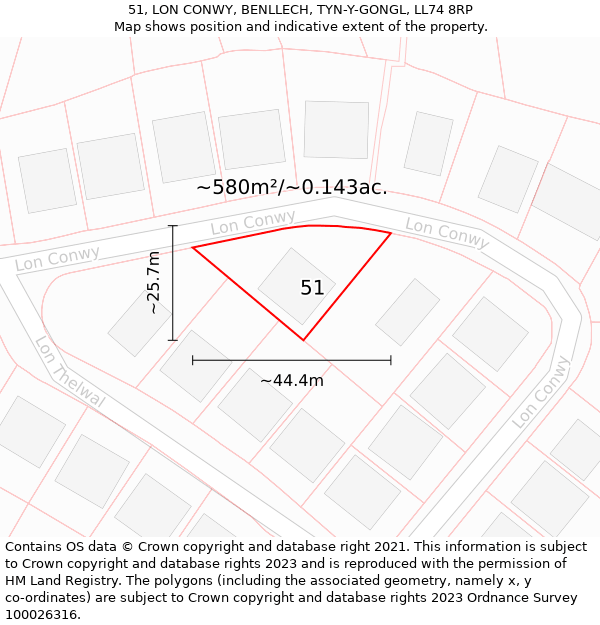 51, LON CONWY, BENLLECH, TYN-Y-GONGL, LL74 8RP: Plot and title map