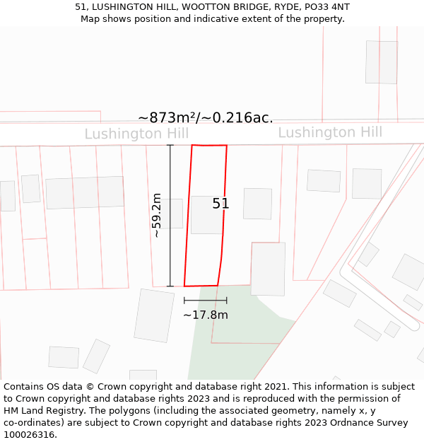 51, LUSHINGTON HILL, WOOTTON BRIDGE, RYDE, PO33 4NT: Plot and title map