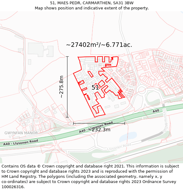 51, MAES PEDR, CARMARTHEN, SA31 3BW: Plot and title map