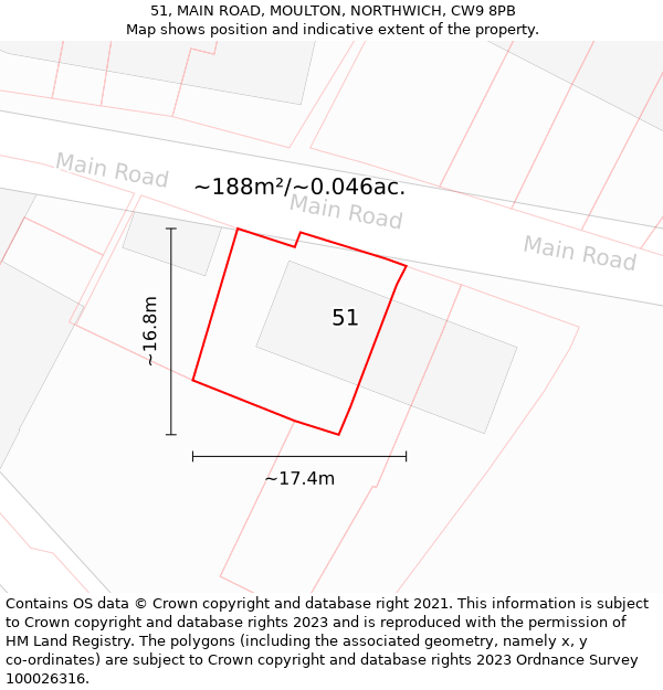 51, MAIN ROAD, MOULTON, NORTHWICH, CW9 8PB: Plot and title map