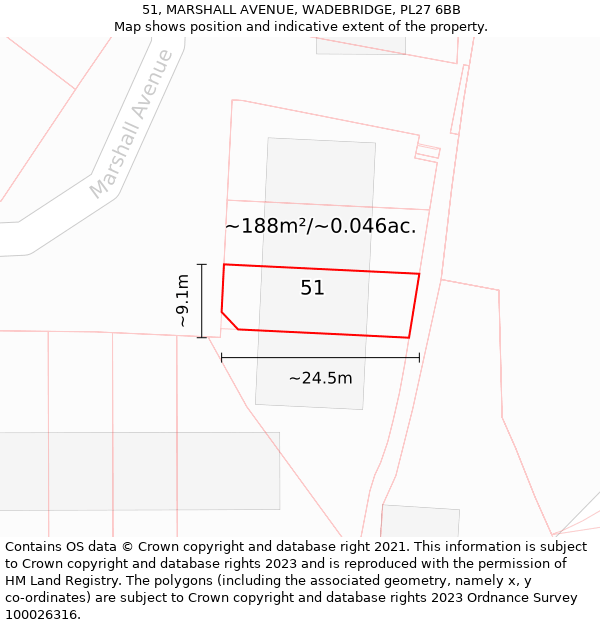 51, MARSHALL AVENUE, WADEBRIDGE, PL27 6BB: Plot and title map