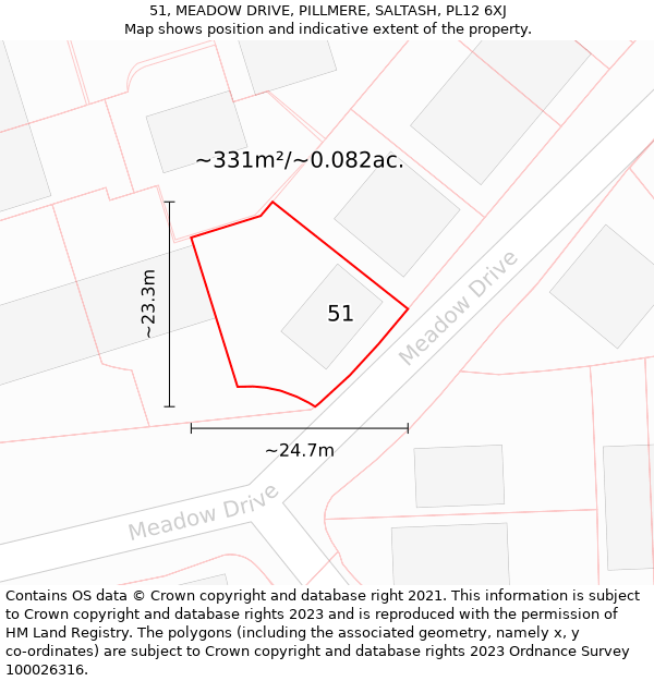 51, MEADOW DRIVE, PILLMERE, SALTASH, PL12 6XJ: Plot and title map