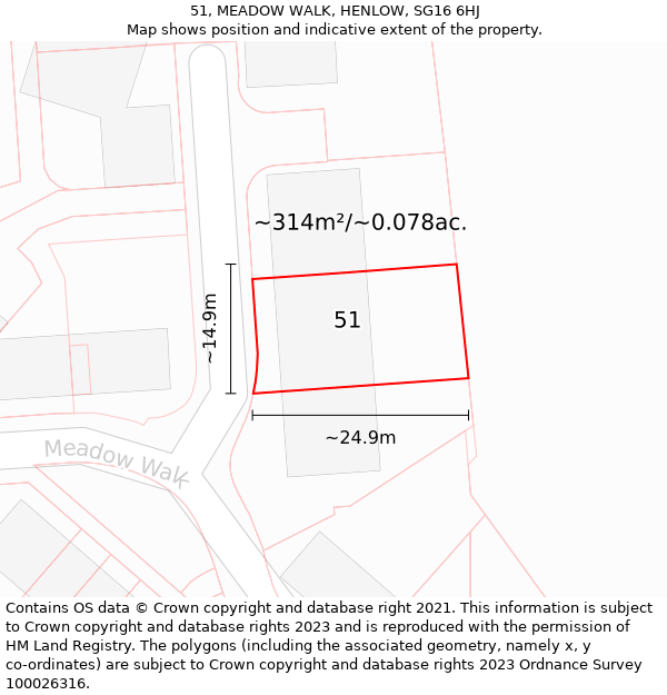 51, MEADOW WALK, HENLOW, SG16 6HJ: Plot and title map