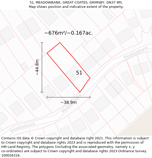 51, MEADOWBANK, GREAT COATES, GRIMSBY, DN37 9PL: Plot and title map