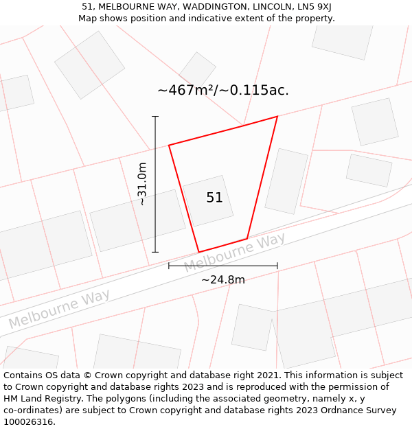 51, MELBOURNE WAY, WADDINGTON, LINCOLN, LN5 9XJ: Plot and title map