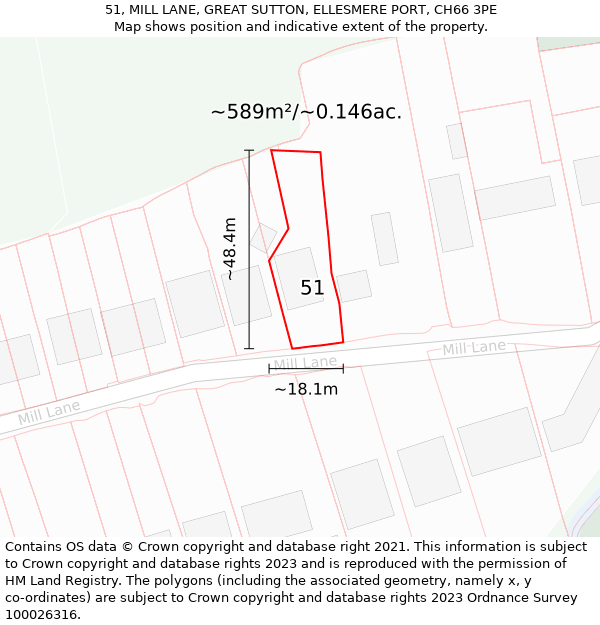 51, MILL LANE, GREAT SUTTON, ELLESMERE PORT, CH66 3PE: Plot and title map