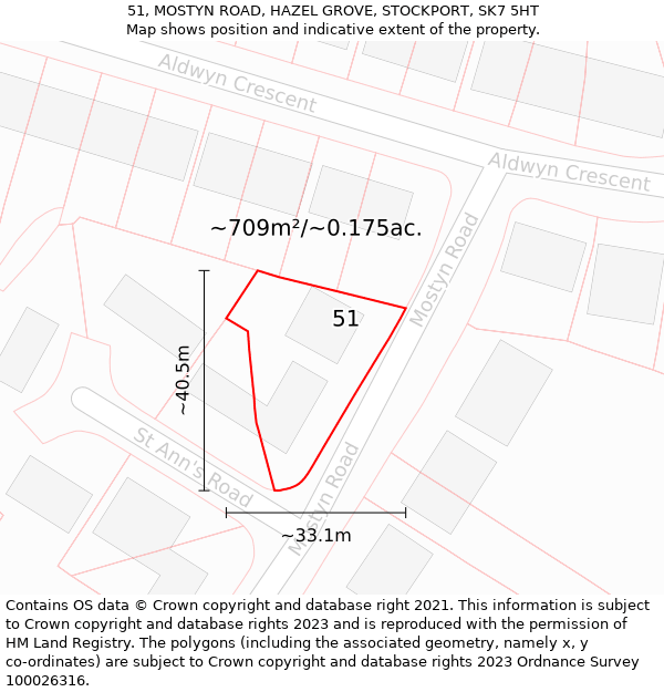 51, MOSTYN ROAD, HAZEL GROVE, STOCKPORT, SK7 5HT: Plot and title map