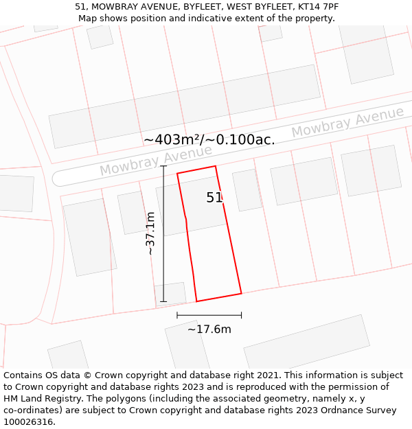 51, MOWBRAY AVENUE, BYFLEET, WEST BYFLEET, KT14 7PF: Plot and title map