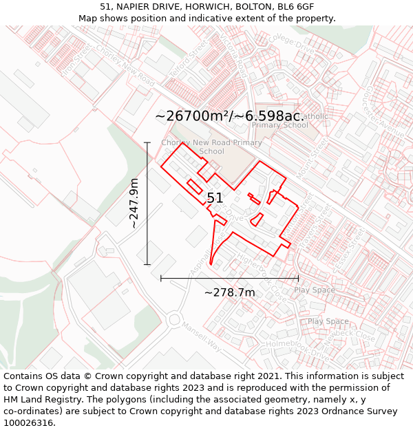 51, NAPIER DRIVE, HORWICH, BOLTON, BL6 6GF: Plot and title map