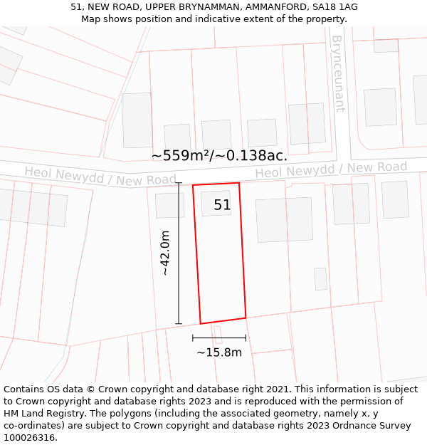 51, NEW ROAD, UPPER BRYNAMMAN, AMMANFORD, SA18 1AG: Plot and title map