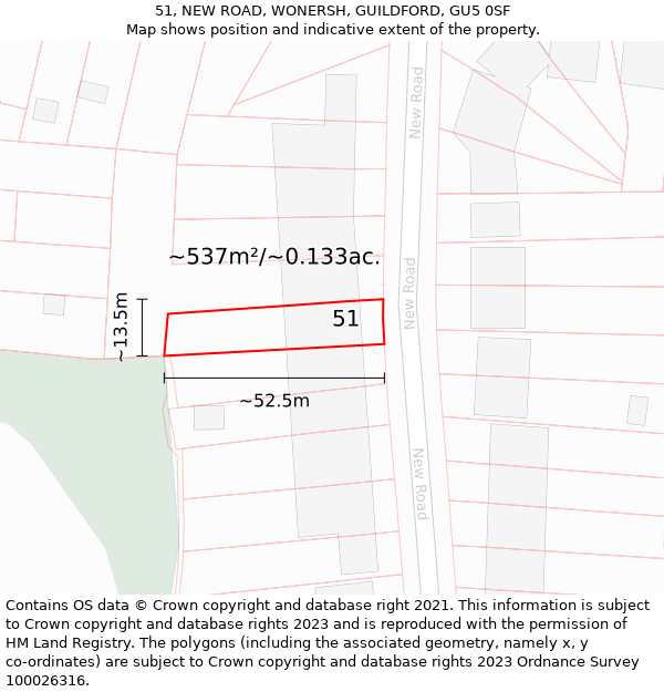 51, NEW ROAD, WONERSH, GUILDFORD, GU5 0SF: Plot and title map