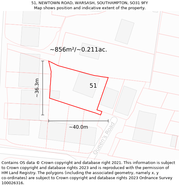 51, NEWTOWN ROAD, WARSASH, SOUTHAMPTON, SO31 9FY: Plot and title map