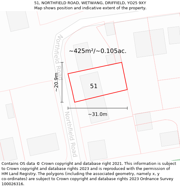 51, NORTHFIELD ROAD, WETWANG, DRIFFIELD, YO25 9XY: Plot and title map