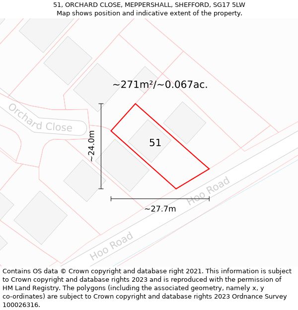 51, ORCHARD CLOSE, MEPPERSHALL, SHEFFORD, SG17 5LW: Plot and title map