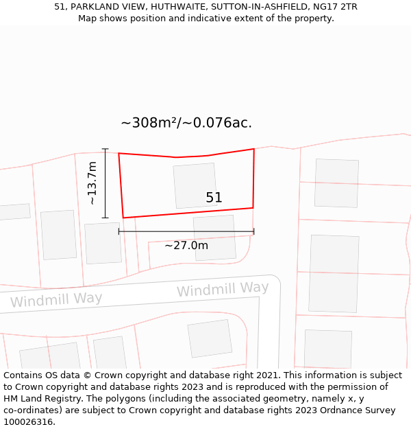 51, PARKLAND VIEW, HUTHWAITE, SUTTON-IN-ASHFIELD, NG17 2TR: Plot and title map