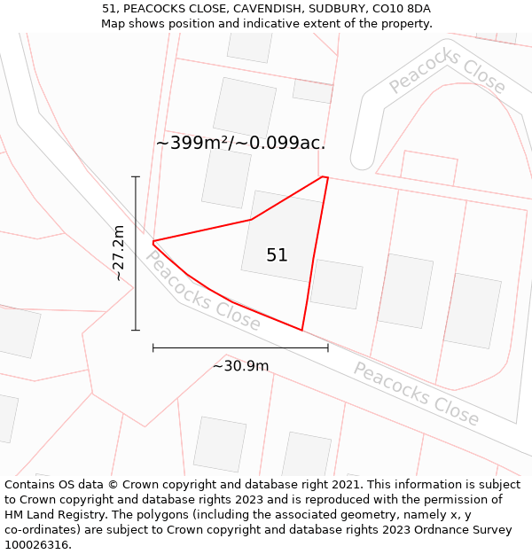 51, PEACOCKS CLOSE, CAVENDISH, SUDBURY, CO10 8DA: Plot and title map