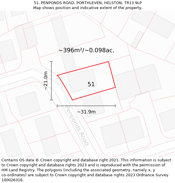 51, PENPONDS ROAD, PORTHLEVEN, HELSTON, TR13 9LP: Plot and title map