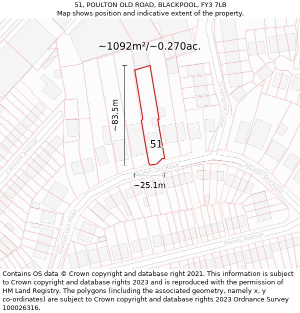 51, POULTON OLD ROAD, BLACKPOOL, FY3 7LB: Plot and title map