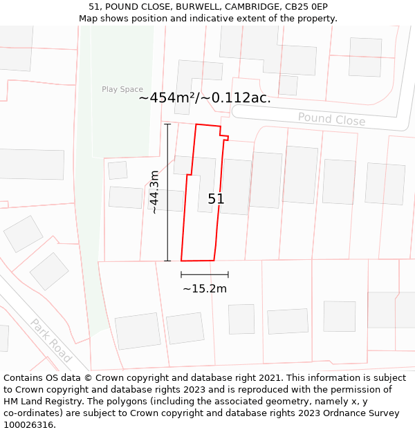 51, POUND CLOSE, BURWELL, CAMBRIDGE, CB25 0EP: Plot and title map