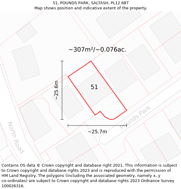 51, POUNDS PARK, SALTASH, PL12 6BT: Plot and title map