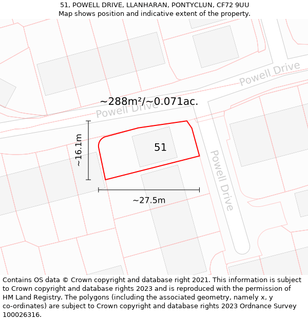 51, POWELL DRIVE, LLANHARAN, PONTYCLUN, CF72 9UU: Plot and title map