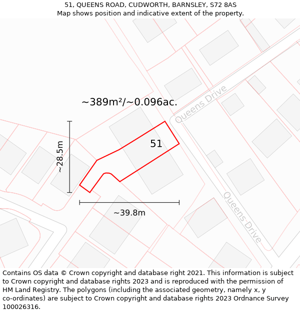 51, QUEENS ROAD, CUDWORTH, BARNSLEY, S72 8AS: Plot and title map