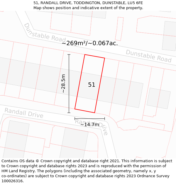 51, RANDALL DRIVE, TODDINGTON, DUNSTABLE, LU5 6FE: Plot and title map