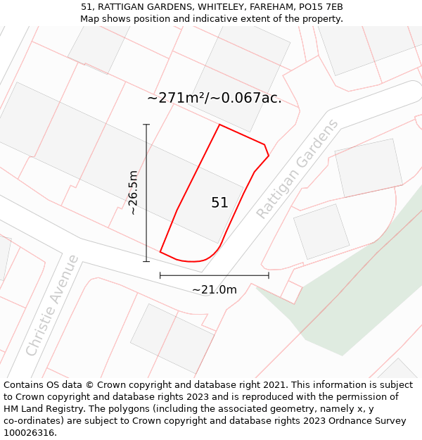 51, RATTIGAN GARDENS, WHITELEY, FAREHAM, PO15 7EB: Plot and title map