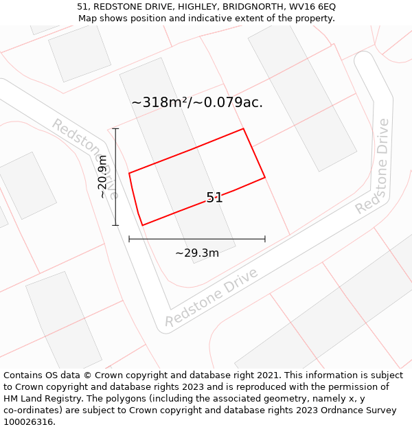 51, REDSTONE DRIVE, HIGHLEY, BRIDGNORTH, WV16 6EQ: Plot and title map