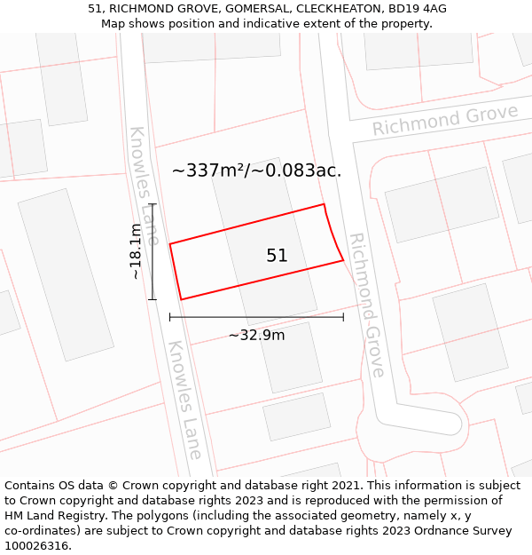 51, RICHMOND GROVE, GOMERSAL, CLECKHEATON, BD19 4AG: Plot and title map