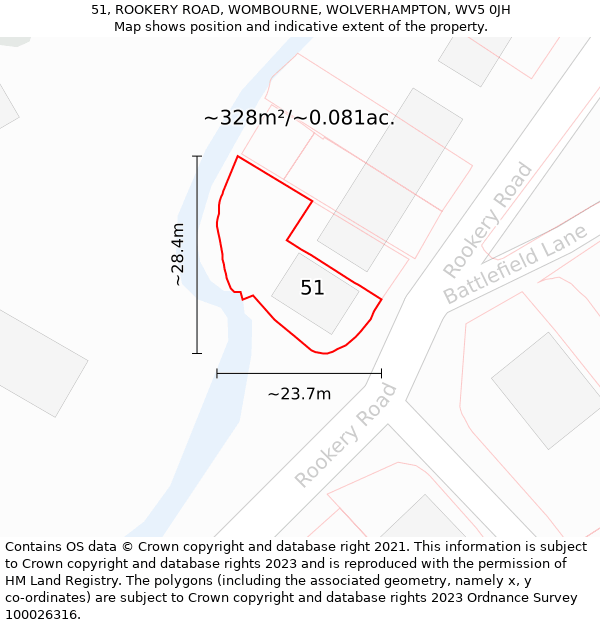 51, ROOKERY ROAD, WOMBOURNE, WOLVERHAMPTON, WV5 0JH: Plot and title map