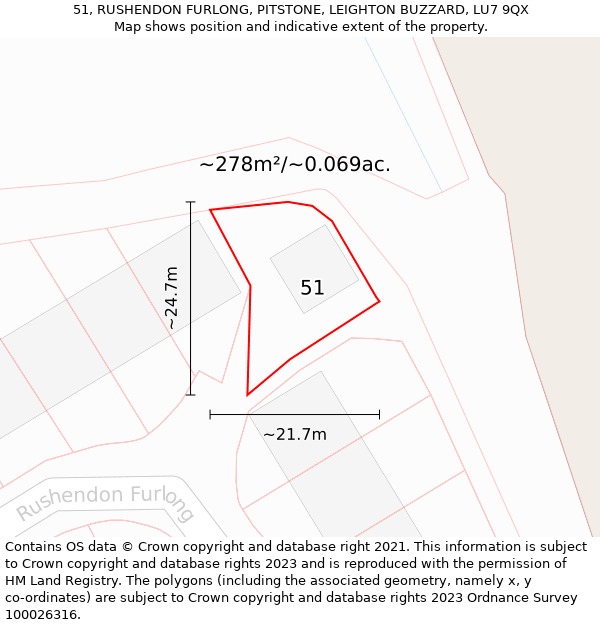 51, RUSHENDON FURLONG, PITSTONE, LEIGHTON BUZZARD, LU7 9QX: Plot and title map