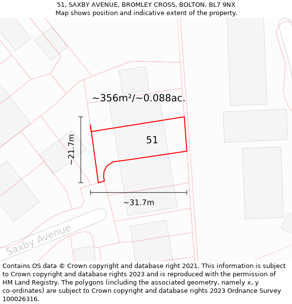 51, SAXBY AVENUE, BROMLEY CROSS, BOLTON, BL7 9NX: Plot and title map