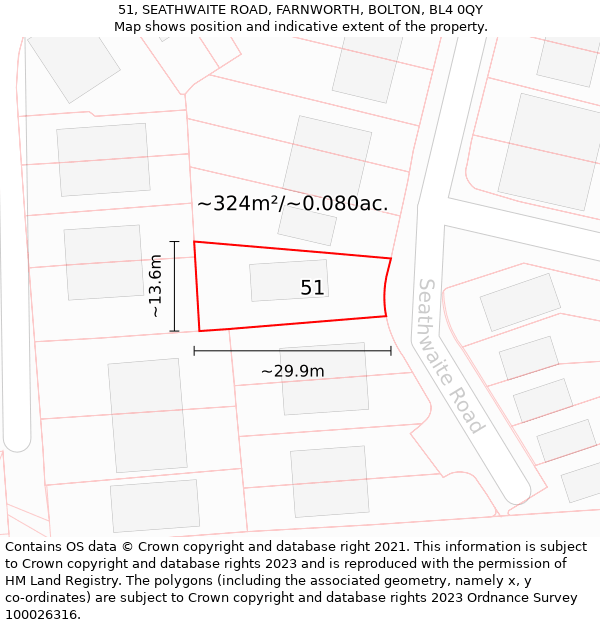 51, SEATHWAITE ROAD, FARNWORTH, BOLTON, BL4 0QY: Plot and title map