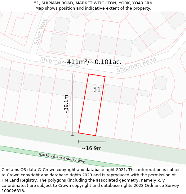 51, SHIPMAN ROAD, MARKET WEIGHTON, YORK, YO43 3RA: Plot and title map