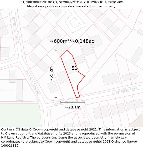 51, SPIERBRIDGE ROAD, STORRINGTON, PULBOROUGH, RH20 4PG: Plot and title map