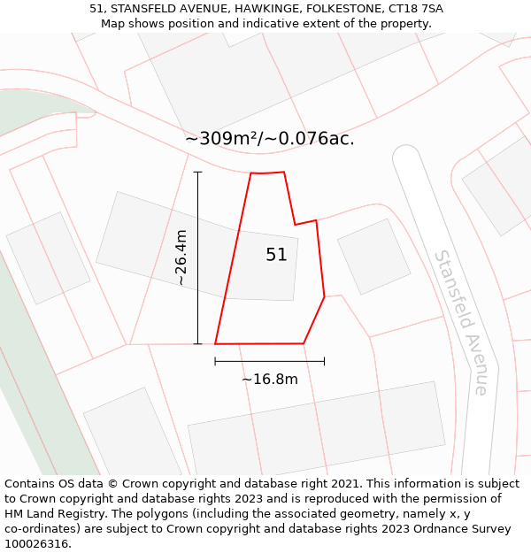 51, STANSFELD AVENUE, HAWKINGE, FOLKESTONE, CT18 7SA: Plot and title map