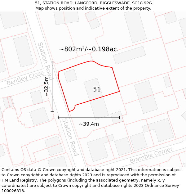 51, STATION ROAD, LANGFORD, BIGGLESWADE, SG18 9PG: Plot and title map