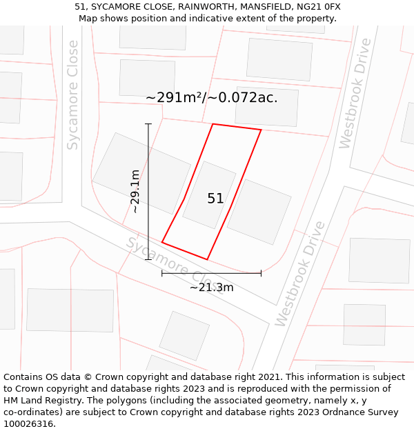 51, SYCAMORE CLOSE, RAINWORTH, MANSFIELD, NG21 0FX: Plot and title map