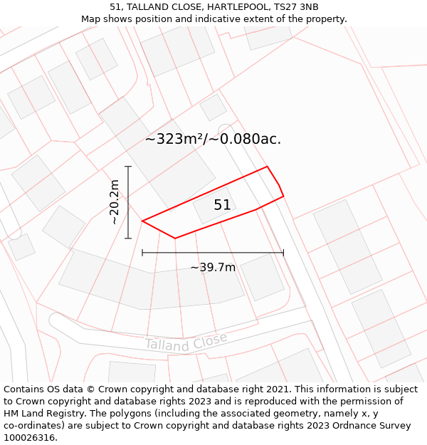 51, TALLAND CLOSE, HARTLEPOOL, TS27 3NB: Plot and title map