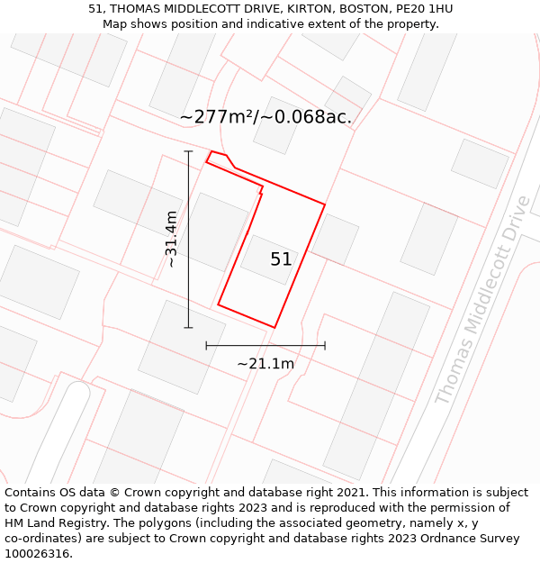 51, THOMAS MIDDLECOTT DRIVE, KIRTON, BOSTON, PE20 1HU: Plot and title map