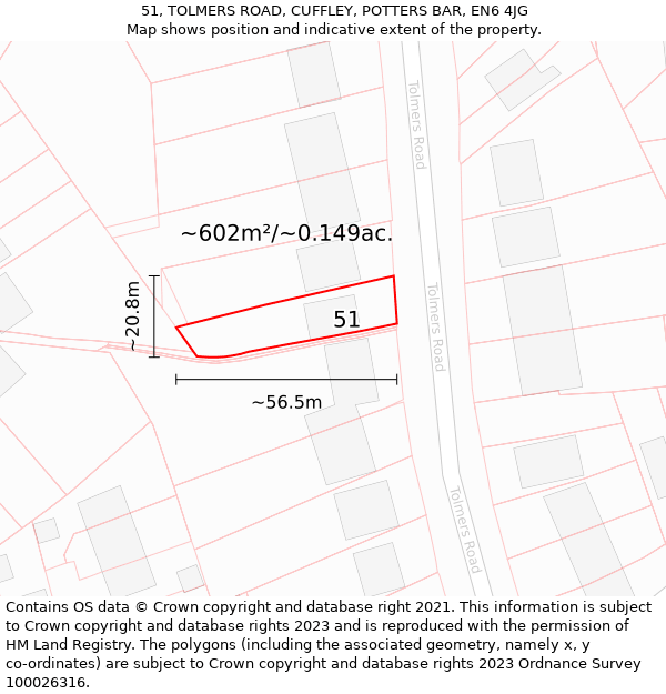 51, TOLMERS ROAD, CUFFLEY, POTTERS BAR, EN6 4JG: Plot and title map