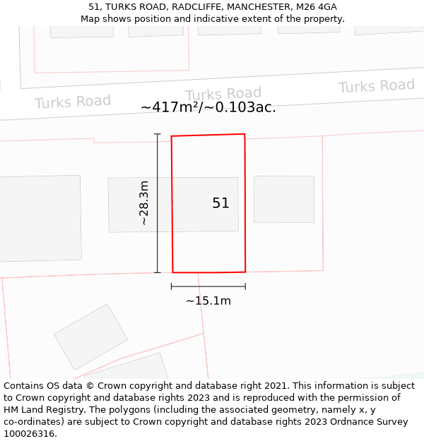 51, TURKS ROAD, RADCLIFFE, MANCHESTER, M26 4GA: Plot and title map