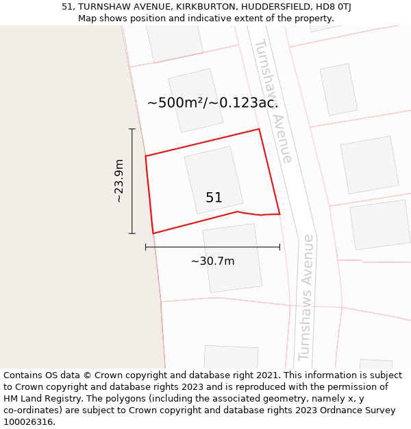 51, TURNSHAW AVENUE, KIRKBURTON, HUDDERSFIELD, HD8 0TJ: Plot and title map