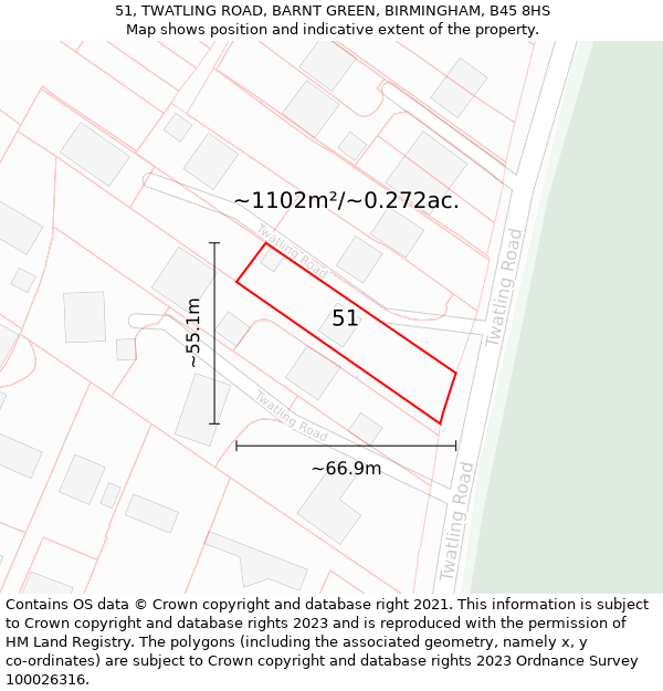 51, TWATLING ROAD, BARNT GREEN, BIRMINGHAM, B45 8HS: Plot and title map