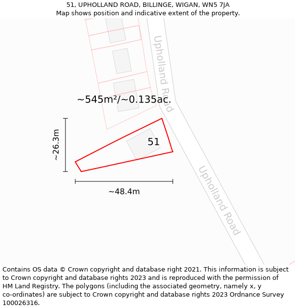 51, UPHOLLAND ROAD, BILLINGE, WIGAN, WN5 7JA: Plot and title map