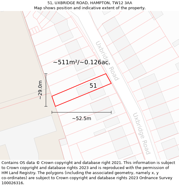 51, UXBRIDGE ROAD, HAMPTON, TW12 3AA: Plot and title map